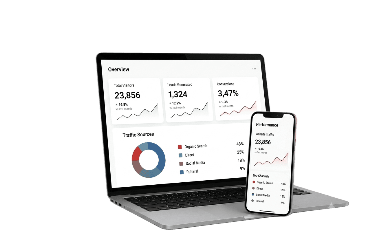 Digital marketing performance dashboard on laptop and mobile