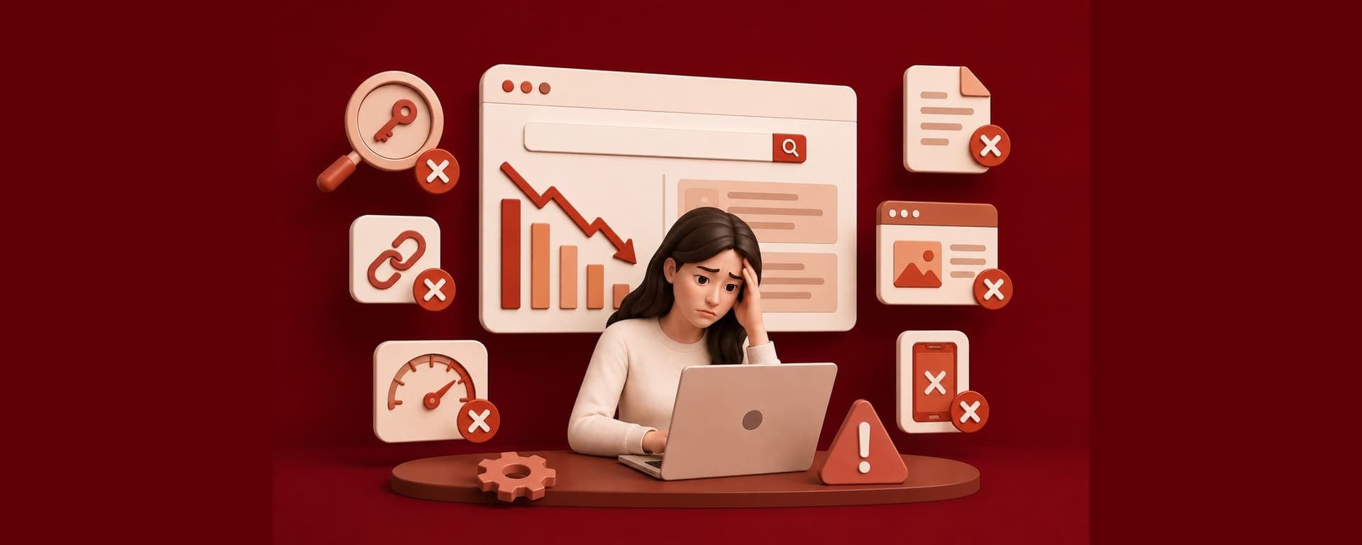 Common SEO Mistakes That Can Hurt Your Website Rankings Common SEO mistakes that can hurt website rankings, illustrated with declining search performance, technical SEO issues, and website optimization problems.